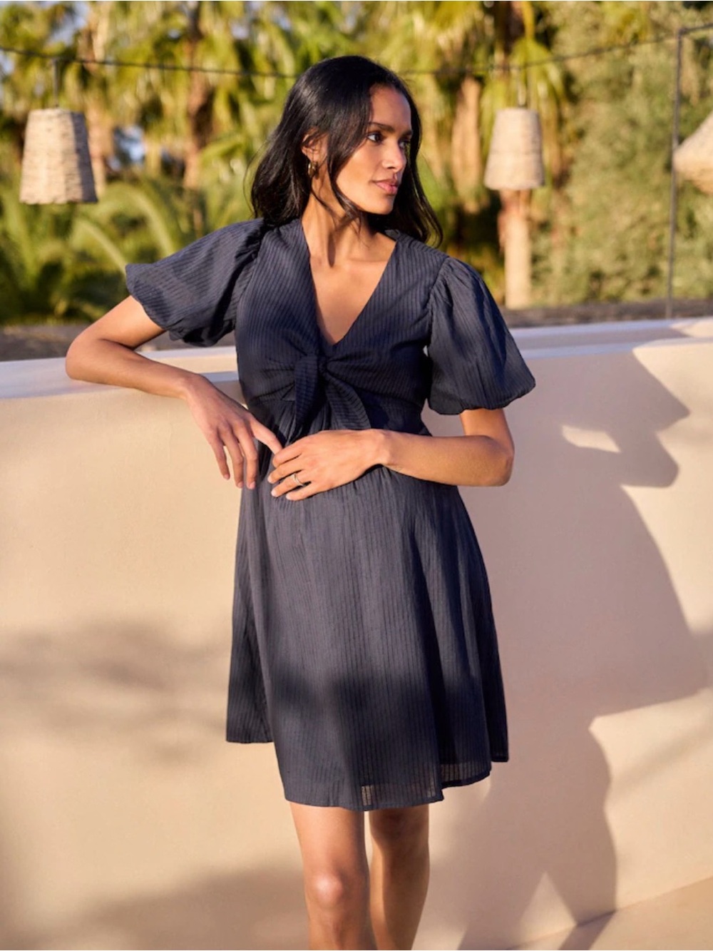 Seraphine Maternity/Nursing Short Puff-Sleeve Tie-Front Dress in Charcoal
